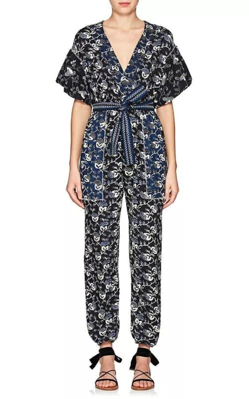 Ulla Johnson Reiko Batik Floral Flutter Sleeve Cotton Belted Jumpsuit Navy 4